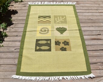 Nepal Rug 3x4 Handwoven Green Modern Pattern Kilim 94x145cm Natural Wool Rug