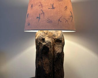 Rustic table Lamp with Botanical Fabric Shade – Handmade Nature Decor