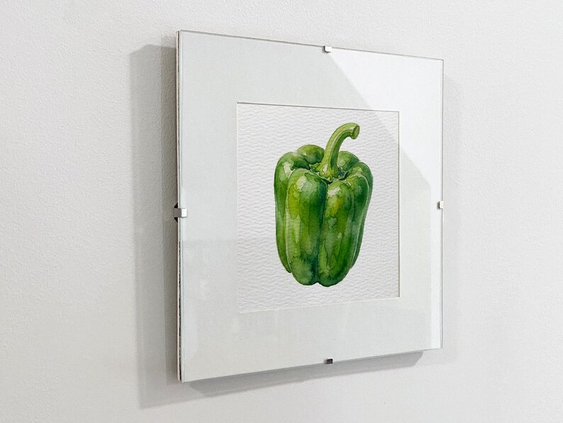 May include: A framed watercolor painting of a green bell pepper. The pepper is centered on a white background, encased in a clear acrylic frame. The artwork is mounted on a white wall.