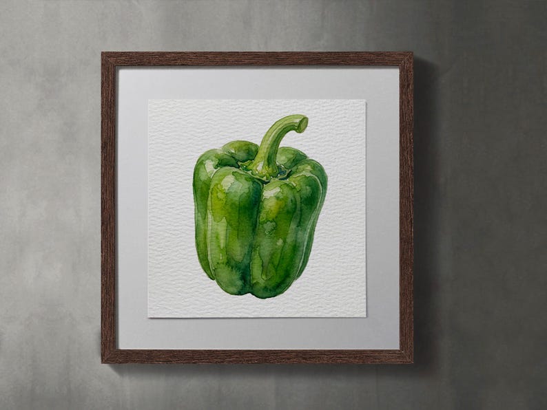 May include: Watercolor painting of a vibrant green bell pepper. The artwork is framed in a dark brown wooden frame, set against a neutral gray background. The pepper is the focal point, showcasing its natural shape and color.