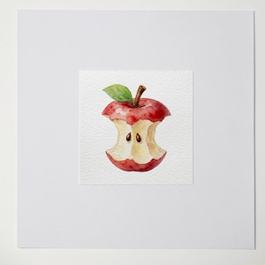 May include: Watercolor painting of a partially eaten red apple. The apple core is visible, with two seeds remaining. A green leaf and brown stem are attached to the top. The artwork is on a textured white paper.