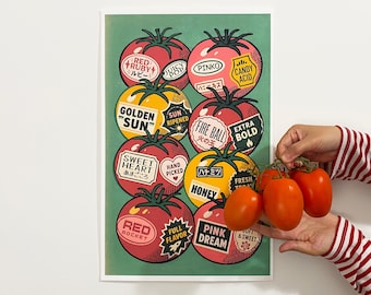 Pop Art Tomato Poster, Vintage Kitchen Decor, Colorful Food Illustration Print