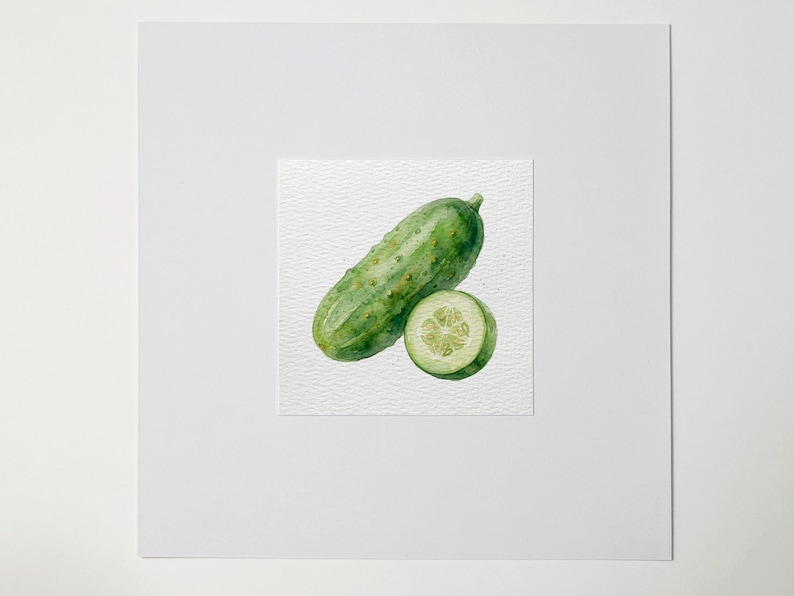 May include: Watercolor painting of a green cucumber and a cucumber slice on a white background. The cucumber is whole, with a textured surface and small bumps. The slice reveals the cucumber's interior. The artwork is mounted on a white mat.