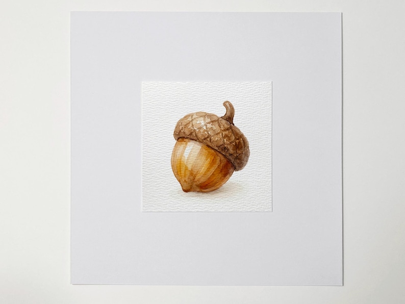 May include: Watercolor painting of a single acorn. The acorn has a brown cap and a light brown body. The artwork is on a textured white paper, set against a white background.