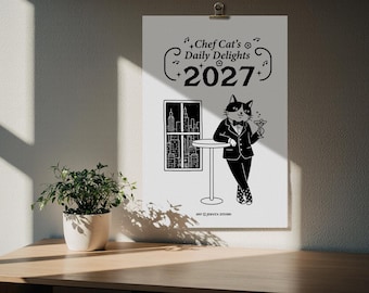 2027 Chef Cat Wall Calendar – Black & White Kitchen Art, Printmaking Style