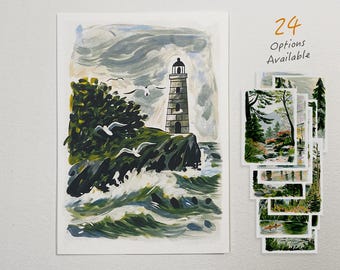May include: A watercolour painting of a lighthouse on a rocky cliff with crashing waves and flying seagulls under a cloudy sky. To the right, a stack of smaller prints is displayed with the text 24 Options Available printed above them.
