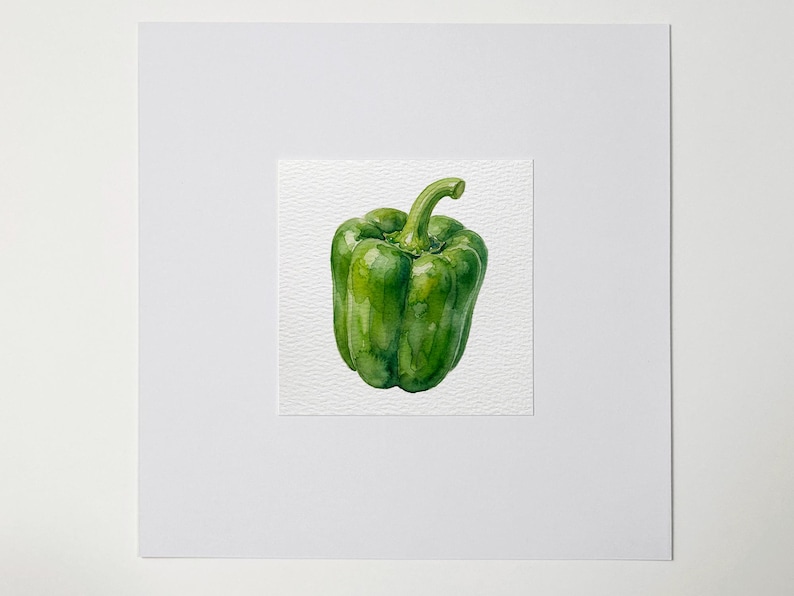 May include: A watercolor painting of a green bell pepper. The pepper is centered on a white textured paper, set against a white background. The pepper has a curved stem and is a vibrant green color.