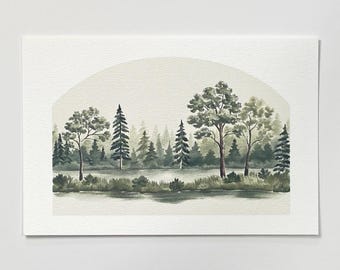 Lakeside Forest Art Print – Watercolor Landscape Wall Art, Nature Illustration, Green Home Decor