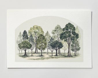 Morning Forest Watercolor Art Print – Soft Green Tree Landscape Wall Decor