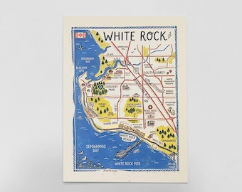 May include: A rectangular illustrated map of White Rock, British Columbia, printed on off-white paper. The map features blue water, yellow land areas, and red roads, with labels for landmarks like White Rock Pier, Semiahmoo Bay, and Crescent Park.