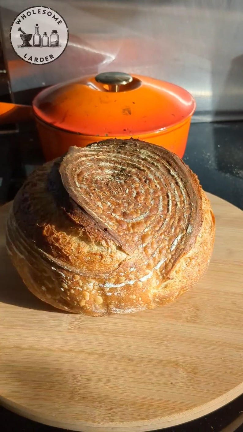 May include: A round loaf of crusty sourdough bread with a spiral flour pattern on top, positioned in front of a bright orange enameled cast iron Dutch oven with a lid. A circular logo in the top left corner reads WHOLESOME LARDER.
