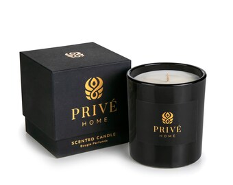 Vela de soja aromática de lujo, 280 g, tabaco y cuero, en caja de regalo y soporte de cristal negro, con una duración de 60 horas