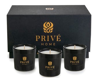 Juego de tres velas de soja aromáticas de lujo, tabaco y cuero - Oud y Bergamota - Muscs Poudres con una duración de combustión de 3 x 12 horas