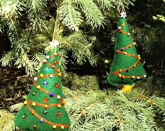 Felt Christmas Tree Ornament - Hand Embroidery & Beaded Christmas Ornament - Holiday