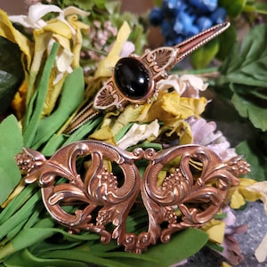 2 Vintage Approx. 3&quot; Long Ornate Brooches Pins - Gold Tone, Black Cabochon, Filigree Details, Victorian Style