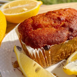 May include: A golden brown loaf of lemon bread in a white paper baking cup, sitting on a white plate with two lemon slices.