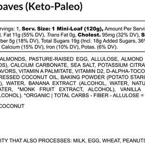 May include: Nutritional information label for a banana mini-loaf, suitable for keto and paleo diets. The label details serving size, calories, and nutritional values, including fat, carbs, and protein. Ingredients include almonds, eggs, and coconut.