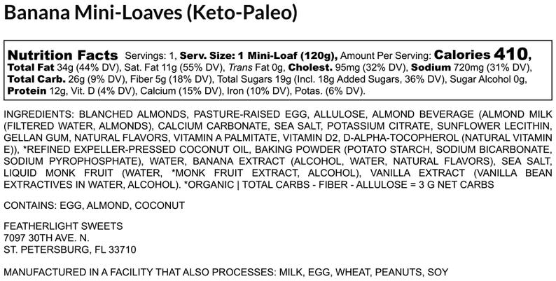 May include: Nutritional information label for a banana mini-loaf, suitable for keto and paleo diets. The label details serving size, calories, and nutritional values, including fat, carbs, and protein. Ingredients include almonds, eggs, and coconut.