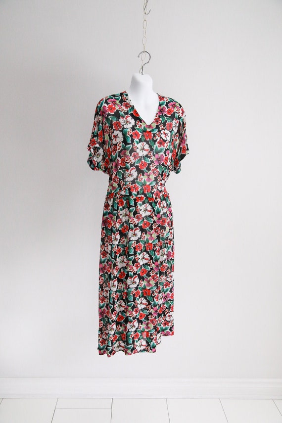 Sheer Rayon, Dolman Sleeve Floral Dress - Sz S-M