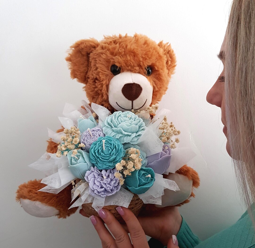 Handmade Soy Candle Flower Bouquet With Teddy Bear - Scented Gift - Etsy UK