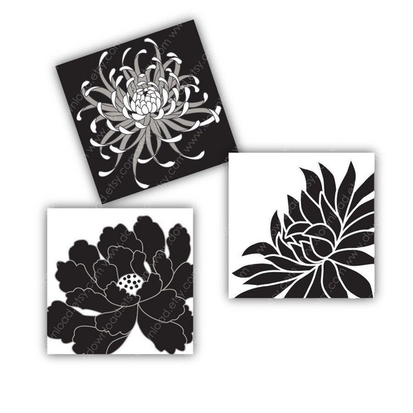 Black Peony 1 inch Square Tiles, Digital Collage Sheet, Download and Print Jpeg Clip Art Images