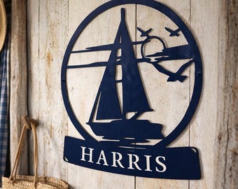 Custom Steel 12" & Up Circle Sailboat One-Line Name Sign: Metal Lakehouse Beach Decor, Nautical Ocean Wall Art