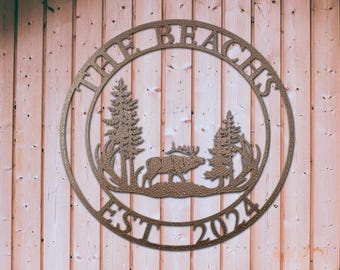 Custom Steel 12" & Up Circle Elk Two-Line Name Sign: Wildlife Metal Wall Art, Hunting Cabin Decor