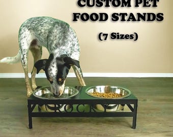 Personalized Steel Raised Pet Food Stand: Dog Bowl Holder with Bowls, Custom Pet Name