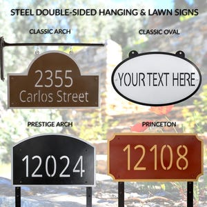 Custom Steel Double Sided Hanging & Lawn Address Signs - 4 Styles: Metal Two-Sided Address Decor with Stakes, Hanging Shop Plaque with Bar