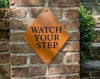 Steel "Watch Your Step" Signs - 3 Sizes: Weatherproof Metal Statement Plaque, Safety Caution Wall Decor