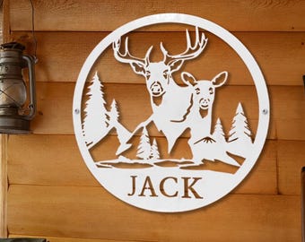 Custom Steel 12" & Up Circle Buck and Doe Family Name Sign: Metal Hunting Wall Plaque, Forest Nature Cabin Decor