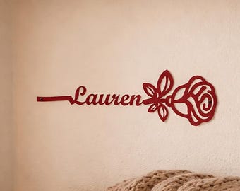 Custom Steel 12" & Up Forever Rose Name Wall Sign: Metal Flower Home Decor, Boho Floral Indoor Plaque, Gift For Her