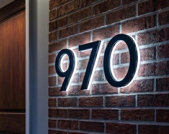 Aluminum LED Backlit Modern House Numbers - 4 Sizes: Illuminated Wall-Mount Metal Address Numbers, Boho Home Address Decor