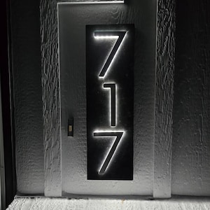 Personalized Vertical Backlit Floating Plaque: Metal Illuminated LED Column Address Sign, Backlit Acrylic with In-Set LED Lighting