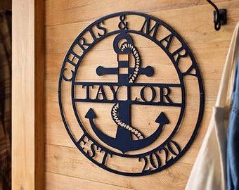 Custom Steel 12" & Up Circle Anchor Three-Line Name Sign: Metal Lakehouse Est Wall Plaque, Durable Coastal Cottage Decor
