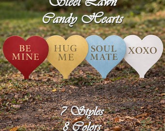 Steel 13" Candy Heart Lawn Signs - 7 Phrases: Metal Valentine's Day Outdoor Decor, Conversation Hearts with Yard Stakes, Gift For Her
