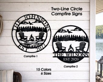 Custom Steel 12" & Up Circle Campfire Name Signs - 2 Styles: Metal Cabin Wall Decor, Personalized Lakehouse Plaques