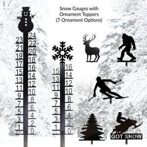 Steel Snow Gauge with Ornament Topper, 14-Gauge Metal Winter Snow Ruler, 5 Ornament Options, Rust-Resistant Powder Coat, Snow Depth Reader