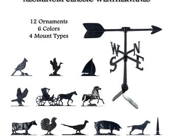 Classic Weathervanes - 12 Ornaments: Outdoor Wind Vane; Metal Roof Decor with Mount; Horse, Rooster, Cardinal & More
