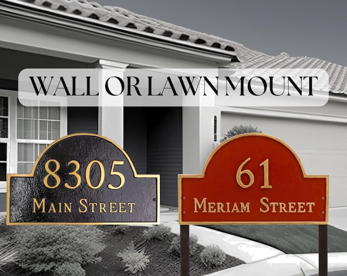 Personalized Aluminum Arch Economy Address Signs: Wall or Lawn Mount, Two-Line Custom House Number Plaques