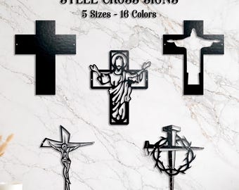 Steel Cross Signs - 5 Styles: Metal Jesus Crucifix Wall Plaque, Christian Home Decor
