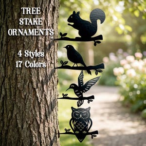 Steel 10" Tree Stake Ornaments - 4 Styles: Outdoor Bird Display, Squirrel Lawn Decor, Nature Yard Tree Spikes