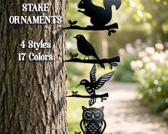 Steel 10" Tree Stake Ornaments - 4 Styles: Outdoor Bird Display, Squirrel Lawn Decor, Nature Yard Tree Spikes
