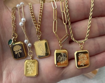 Birth Month Flower Necklace, Engraved Square Zodiac Necklace, Gold Birth Flower Necklace, Waterproof Jewelry, Birthday Gift for Best Friend
