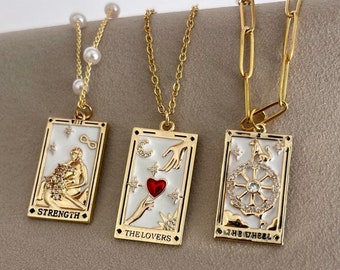 Gold Tarot Card Deck Necklace • Mother’s Day Gift • Strength, Lovers, Moon, Star Pendant • Witchy Tarot Jewelry • Best Friend Gift for Her
