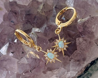 Gold Filled Opal Stern Hoop Ohrringe, Geburtstagsgeschenk, himmlische Opal Anhänger Halskette, Minimalistischer Edelstein Schmuck, Weihnachtsgeschenk für Sie