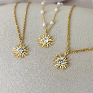 GOLD CZ Diamond Sun Necklace, Celestial Summer Jewelry for Mom, Cubic Zirconia Layering Sun Necklace, Pave Sunburst Charm, Bridesmaid Gift