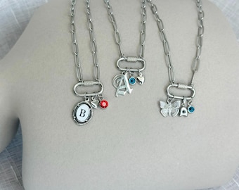 Silver Carabiner Locked Necklace • Adjustable Multi Charm Accessory • Make Your Own Jewelry • Custom Carabiner Charm Holder • Birthday Gift