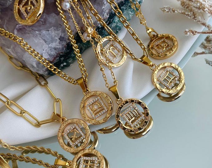 Celestial Zodiac Necklace • Astrology Gold Coin Pendant • Taurus, Gemini, Cancer Necklace • Personalized Horoscope Jewelry • Bridesmaid Gift