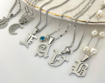 Old English Initial Necklace • Birthday Gift • Silver Stainless Steel Letter Pendant • Personalized Unisex Name Necklace • Gift for Him Her